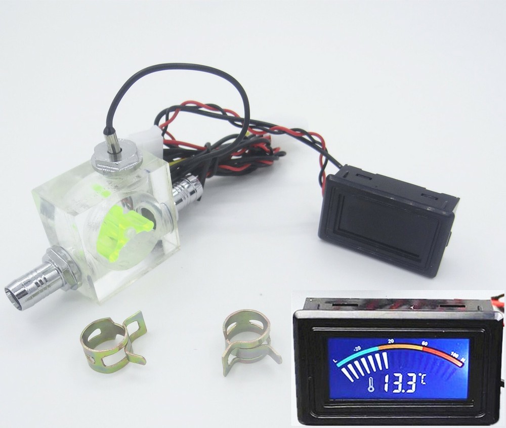 LED Thermometer 3 Way FlowMeter For Water Cooling Liquid Cooler System & 2 Barbs