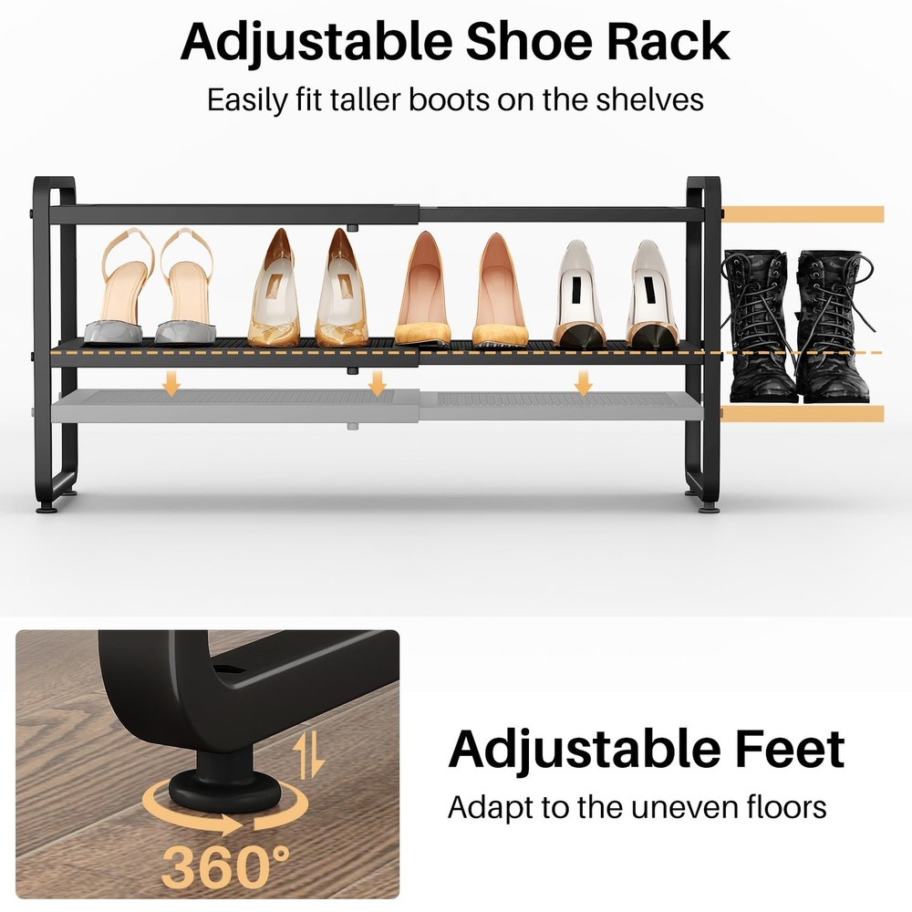 SNTD Shoe Rack - Expandable Organizer for Closet, 2-Tier, Black