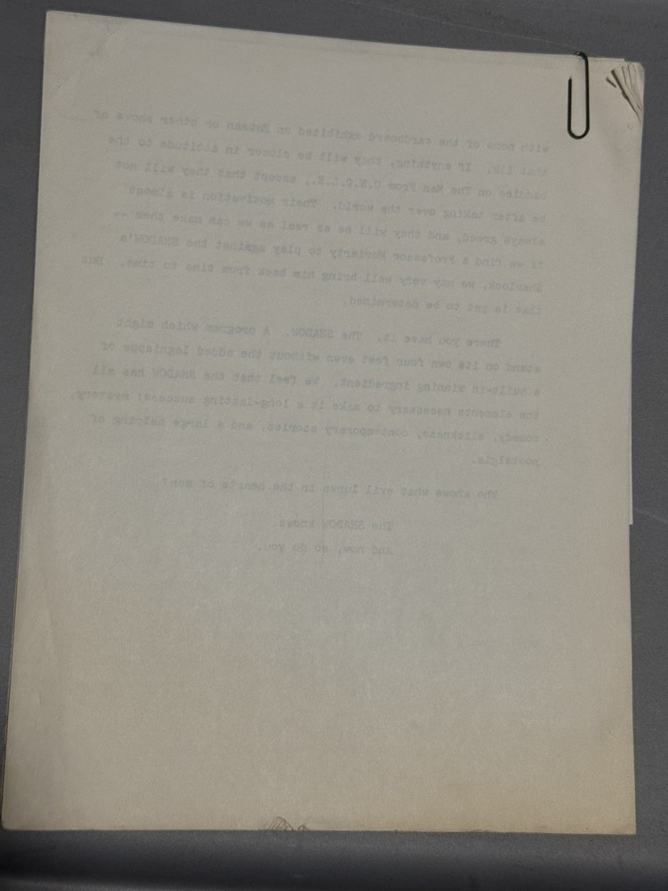 DC THE SHADOW SCRIPT & TREATMENT ORIGINAL TYPED 1970-71 UNPRODUCED TV PROJECT