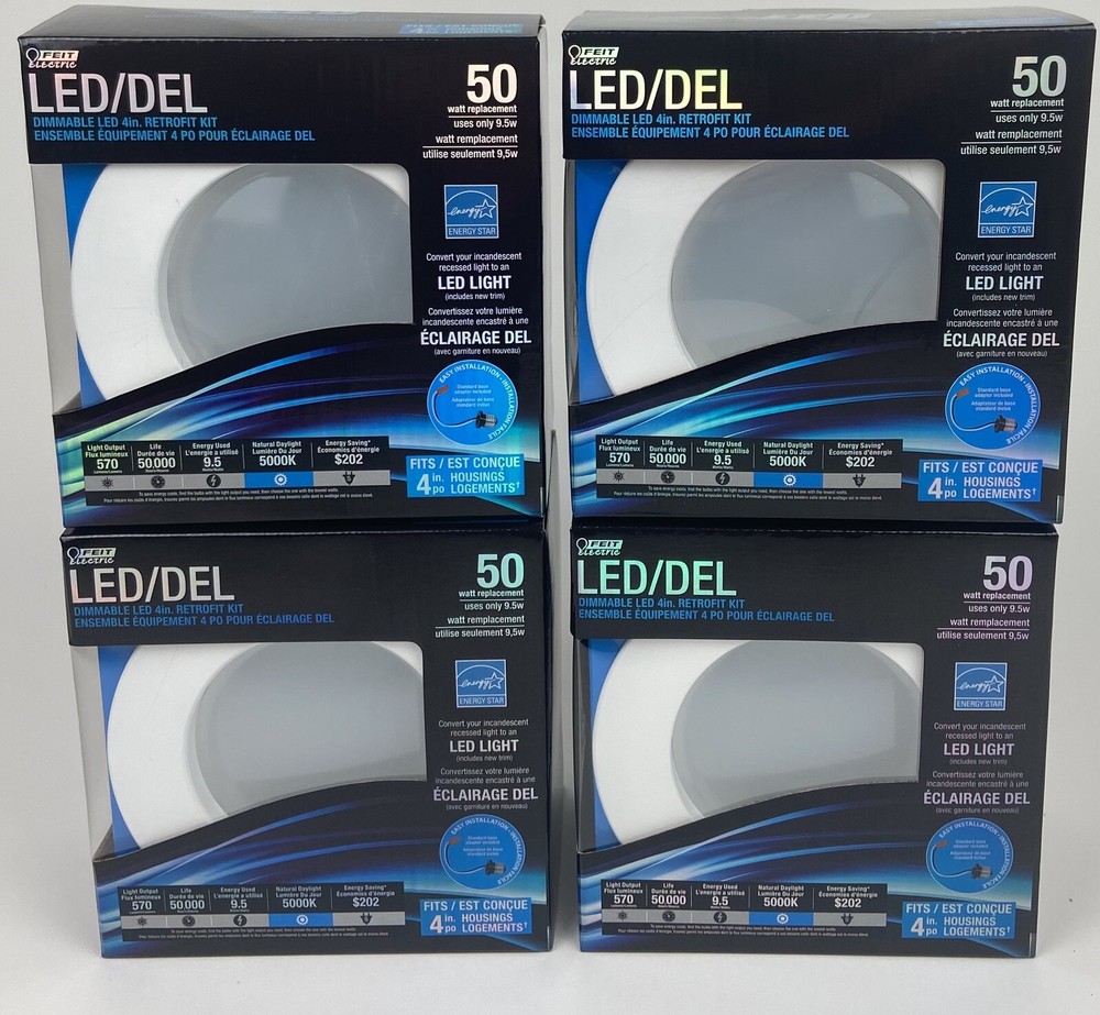 Lot Of 4 FEIT Electric LED (Daylight)4″ Recessed Lighting Retrofit Kits 9.5 watt