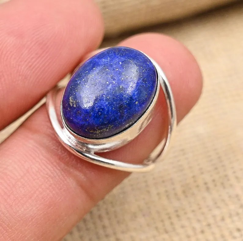Solid 925 Sterling Silver Natural Lapis Lazuli Oval Gemstone Handmade Band Ring