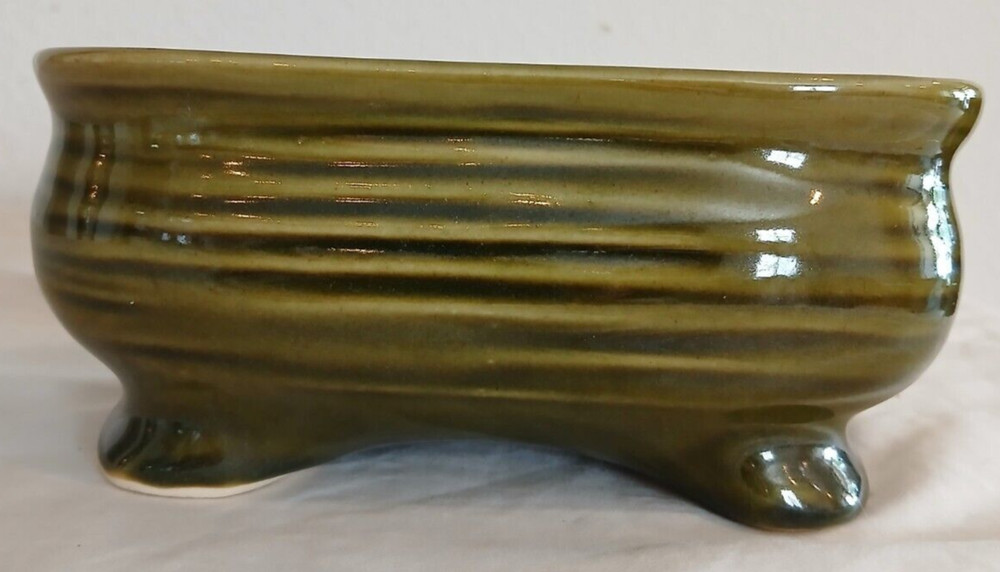 Olive Green Footed Oval Shaped Fleur De Lis Ceramic Planter6.6"x3.25"