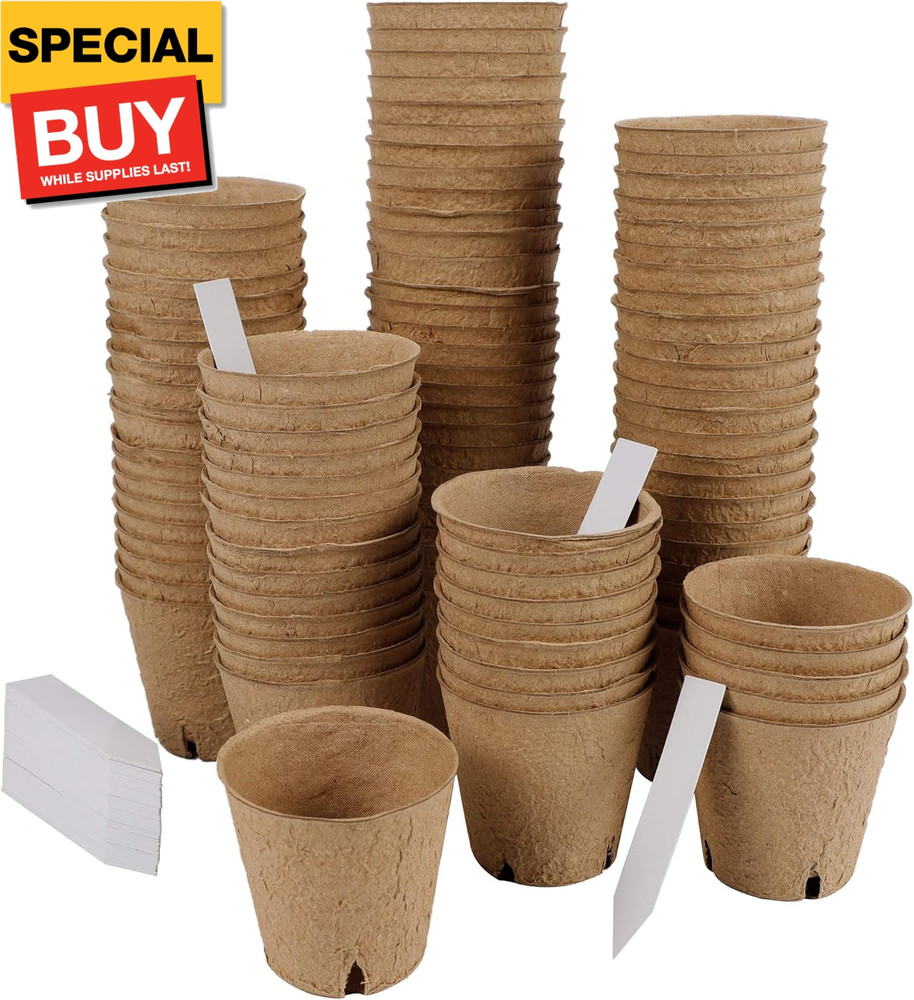 100 Pack Seed Starter Tray Kit, Biodegradable Peat Pots for Seedling with 100 Pl