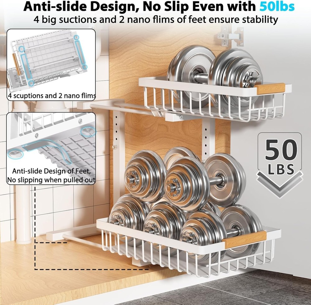 Under Sink Organizer 2 Pack 2 Tier Slide Out Large Capacity Height Adjustable