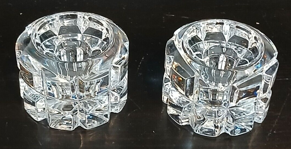 2 Clear Cut Crystal Tealight Candle Holders 1.77" Tall Width 2.7"