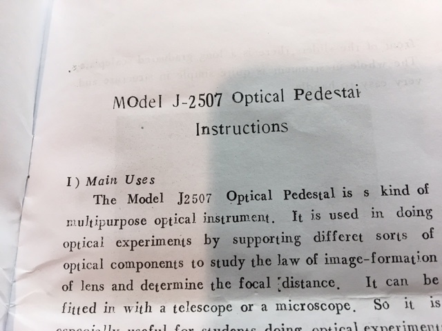 Two (2) Model J-2507 Optical Pedestal Kits - Lenses, Lens Holders, Light Source,