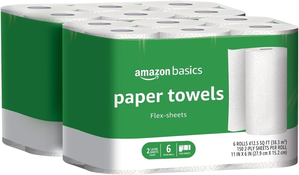 Amazon Basics 2-Ply Flex-Sheets Paper Towels, 12 Basics Rolls = 32 Regular Rolls