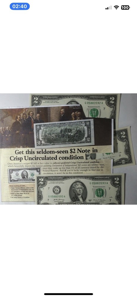 Uncirculated REAL authentic U.S. new consecutive 5 crisp 2017A $2 dollar notes