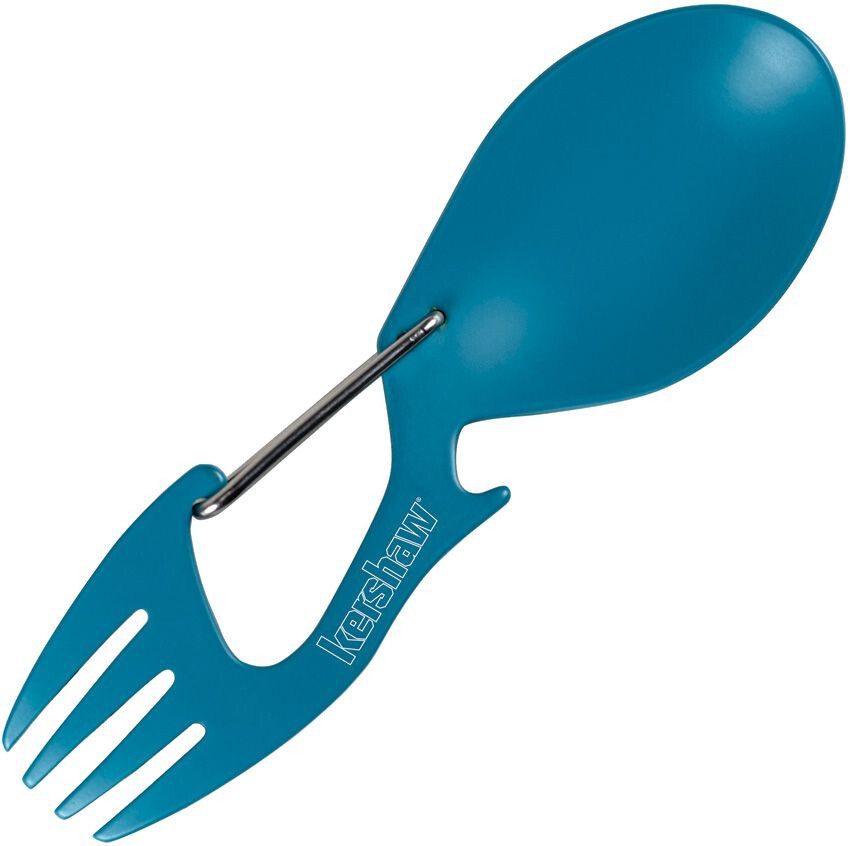 Kershaw Ration Fork / Spoon Combo, Bottle Opener, Carabiner, Teal Blue, Compact