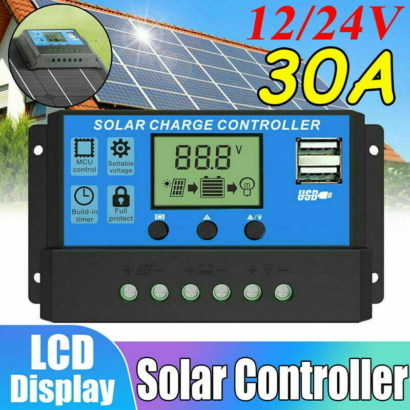 12V/24V Solar Charge Controller LCD PWM Charge Panel Controller 10A-30A USB