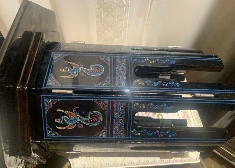 VTG Antique? Wooden Octagonal Folding Table Old Hand Crafted Lacquer Painted