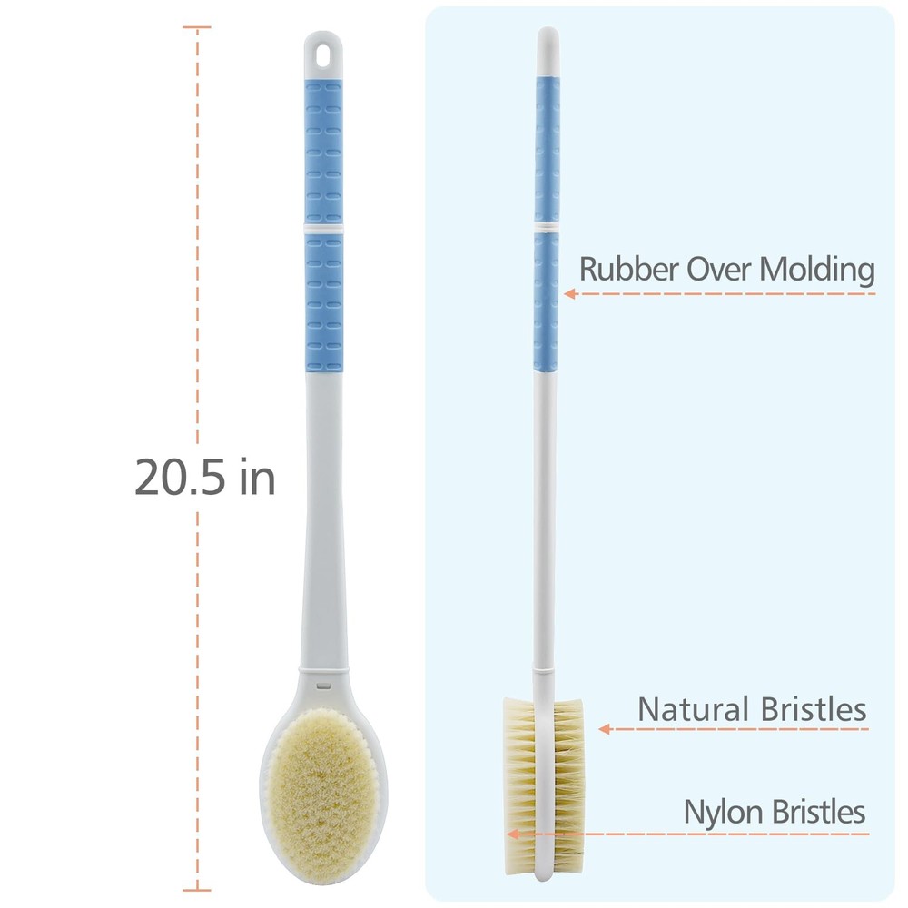 Shower Brush with Soft and Stiff Bristles,20.5" Extra EXTRA LONG HANDLE, Blue