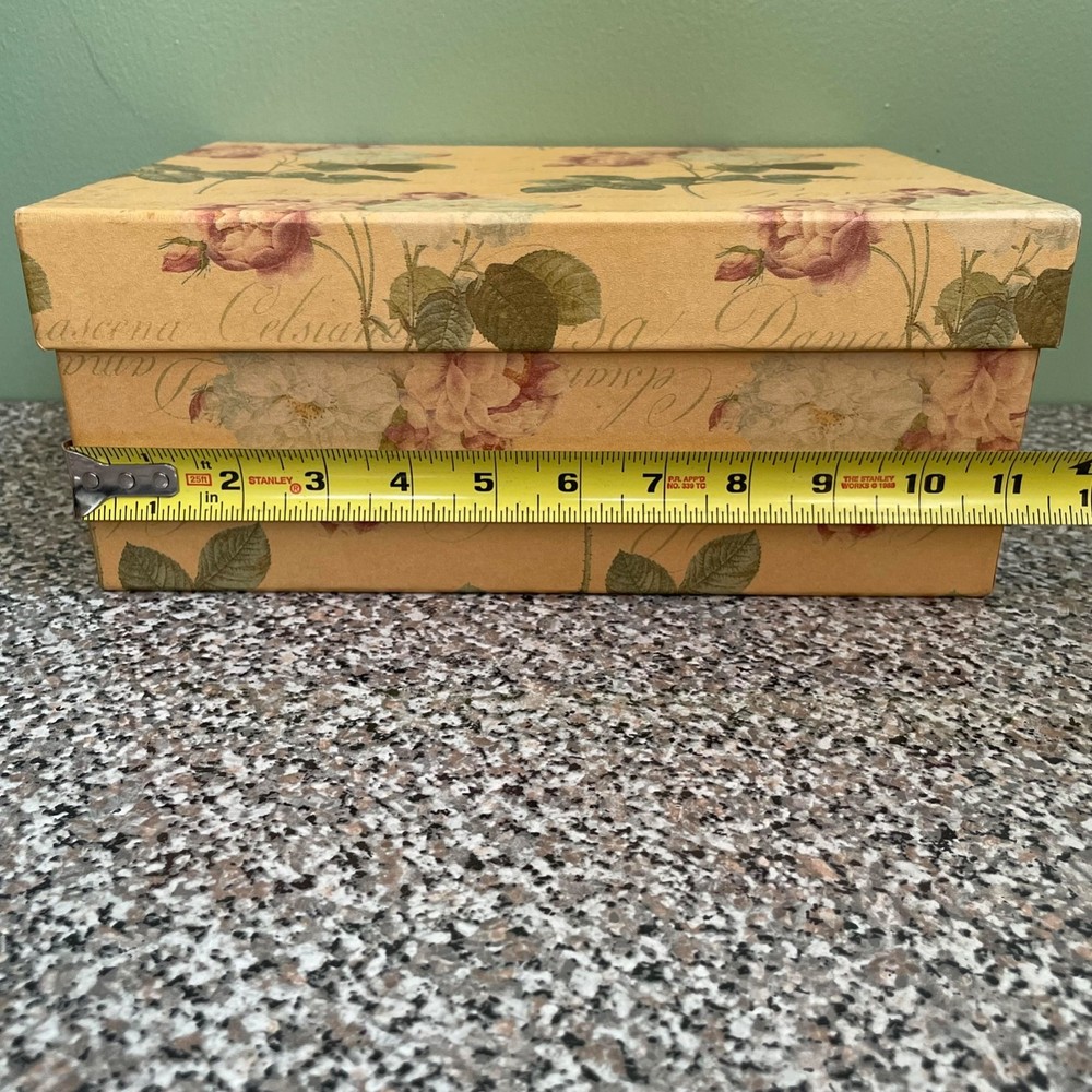 Vintage Cardboard BOX with Metallic Tag Holder Floral Print Rectangular