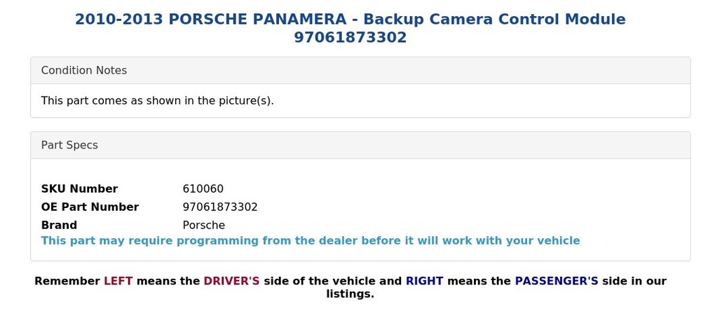 2010-2013 PORSCHE PANAMERA - Backup Camera Control Module 97061873302