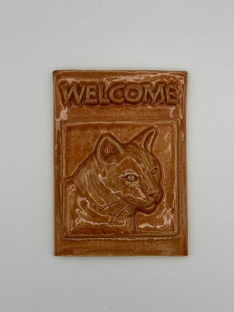 Signed Ceramic Studio Art Pottery Ginger Cat Wall Plaque Welcome Sign Tile 7”
