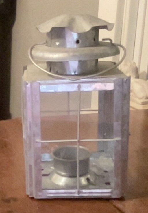 Vintage Aluminum Lantern. Candle Lit. 7" Tall.