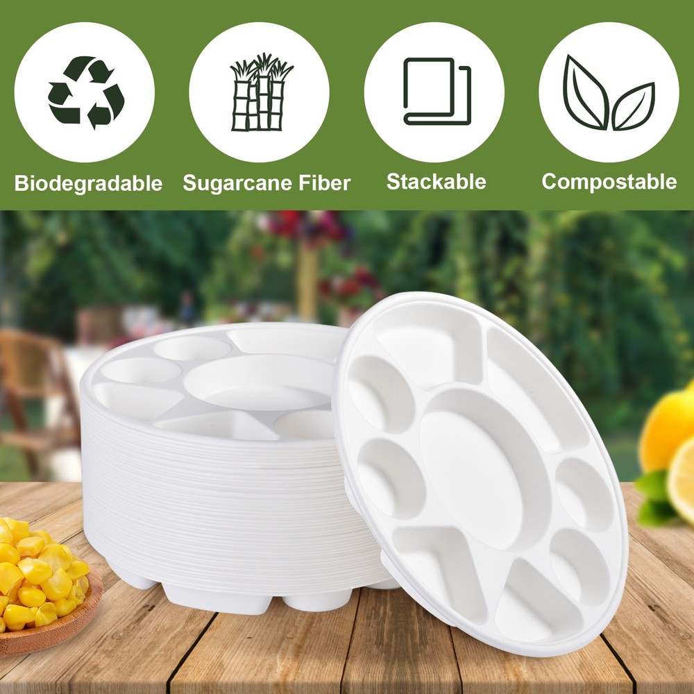 9 Compartment Round Biodegradable Divided Plates, Pack of 100, 12.52" Diameter--