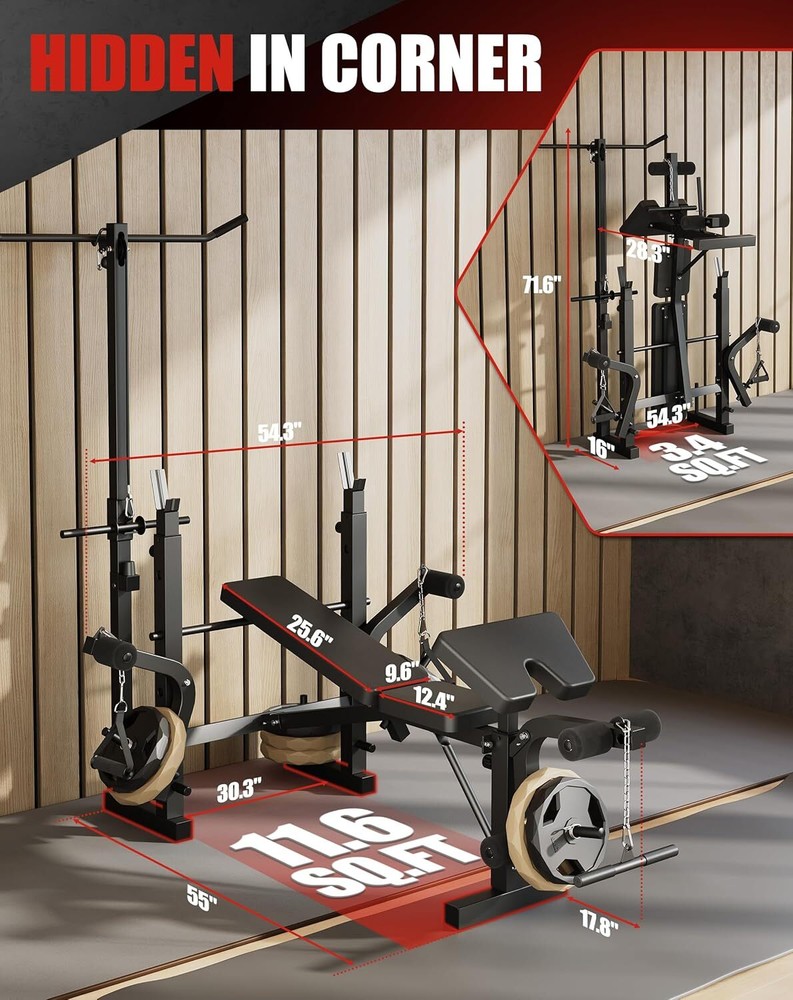 Olympic Weight Bench Set Bench Press Rack w/ Leg Developer LAT Pulldown Foldable