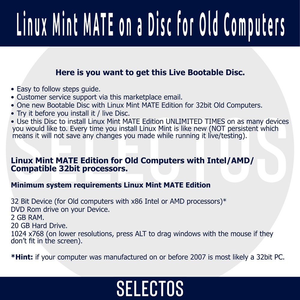 Linux Mint 19.3 Tricia MATE Edition Live CD Bootable DISC for Old 32bit Computer