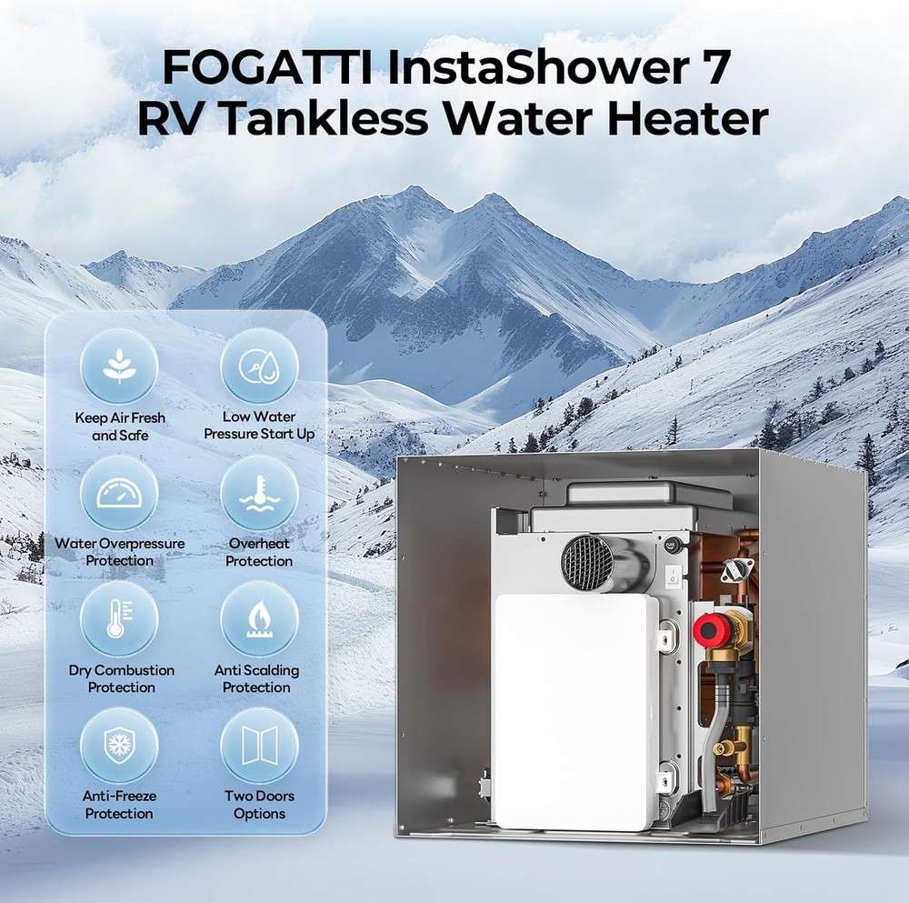 FOGATTI RV Tankless Water Heater 2.5GPM 48000BTU w/ 15*18" White Door + Remote