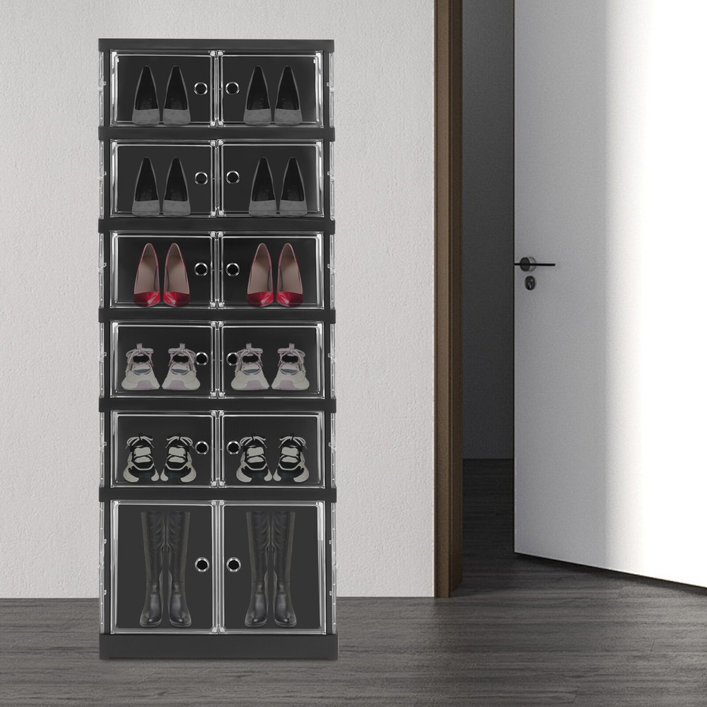 6 Tiers Shoe Storage Box Black Stackable Shoe Container Sneaker Organizer