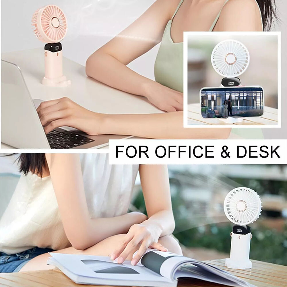 White Mini Handheld Fan USB Rechargeable Digital Display,5 Wind Modes,Foldable