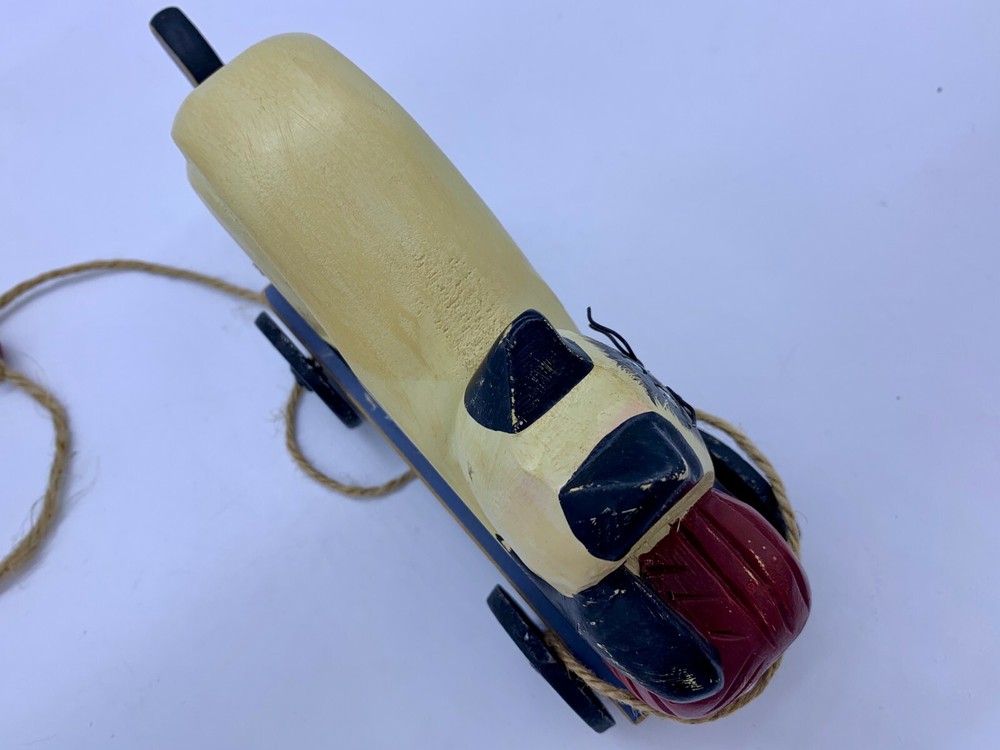 Vintage ? Wooden Pull Toy Wheels Siamese Cat Kitten Moveable Tail