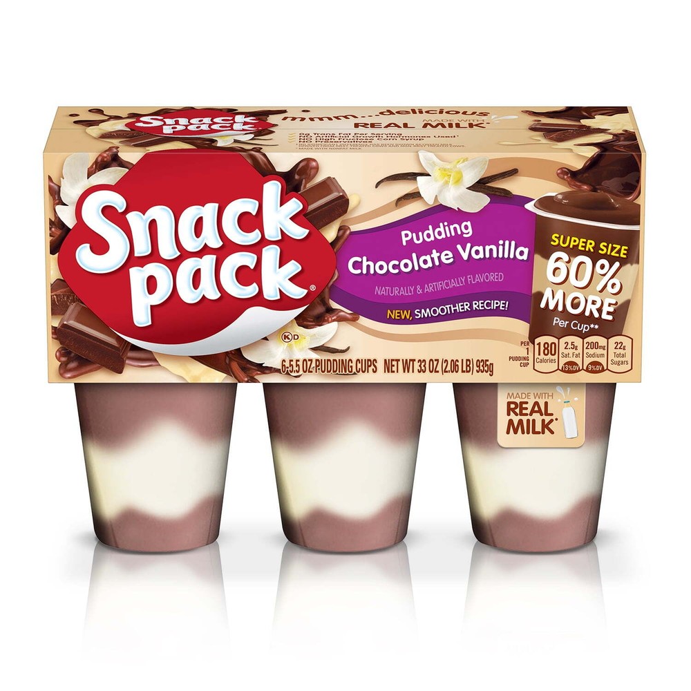 (4 pack) Snack Pack Chocolate Vanilla Flavored Pudding, Super Size, 6 Count
