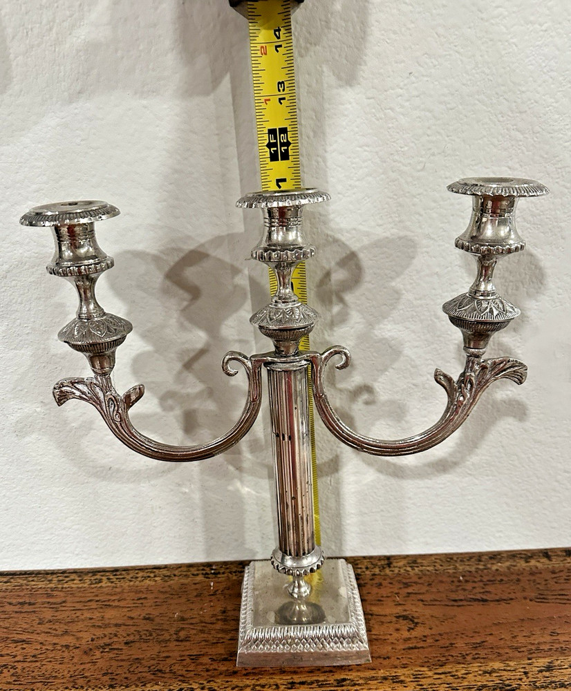 Empire Style Silver Plate 3-Light Candelabra Fluted Column, Square Base 11" tall