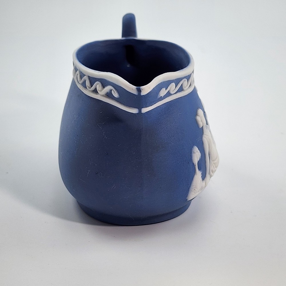 Vintage Jasperware Japan Pitcher Creamer Blue & White Applied Design Bisque EUC