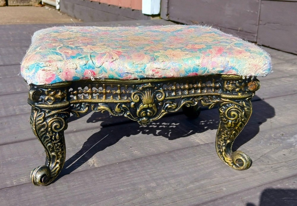Vintage Upholstered Victorian Foot Stool with Cast Iron Base