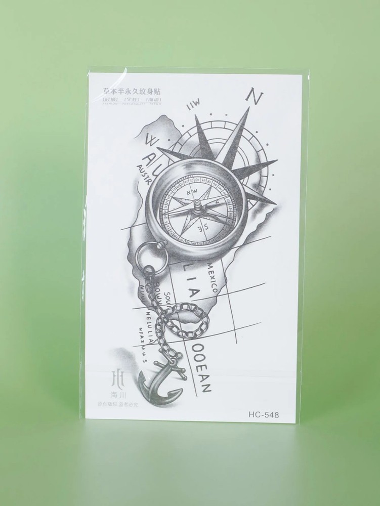 Semi-Permanent Nautical Tattoo Compass & Anchor Realistic Waterproof 2 Weeks