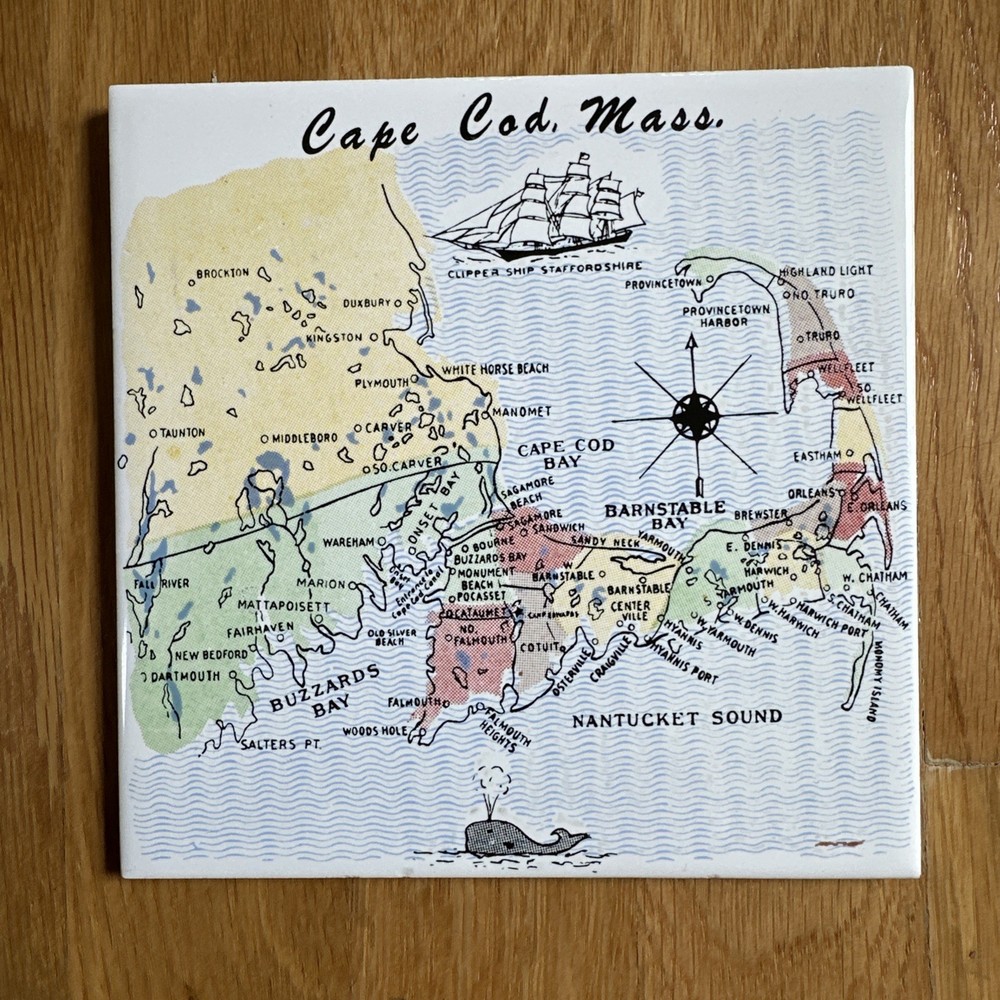 Unbranded Wall Tile 6" x 6” Cape Cod Massachusetts Map Vintage Trivet