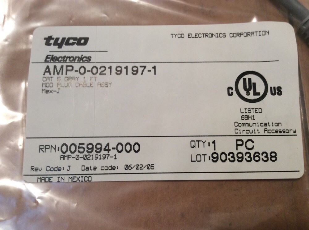 Tyco Electronics CAT5 219197-1 0522 MEX3 Plug Cable Assembly