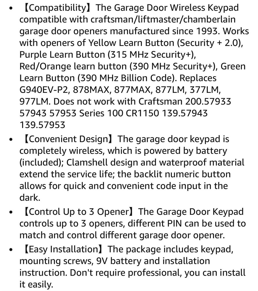 Universal Garage Door Wireless Keypad