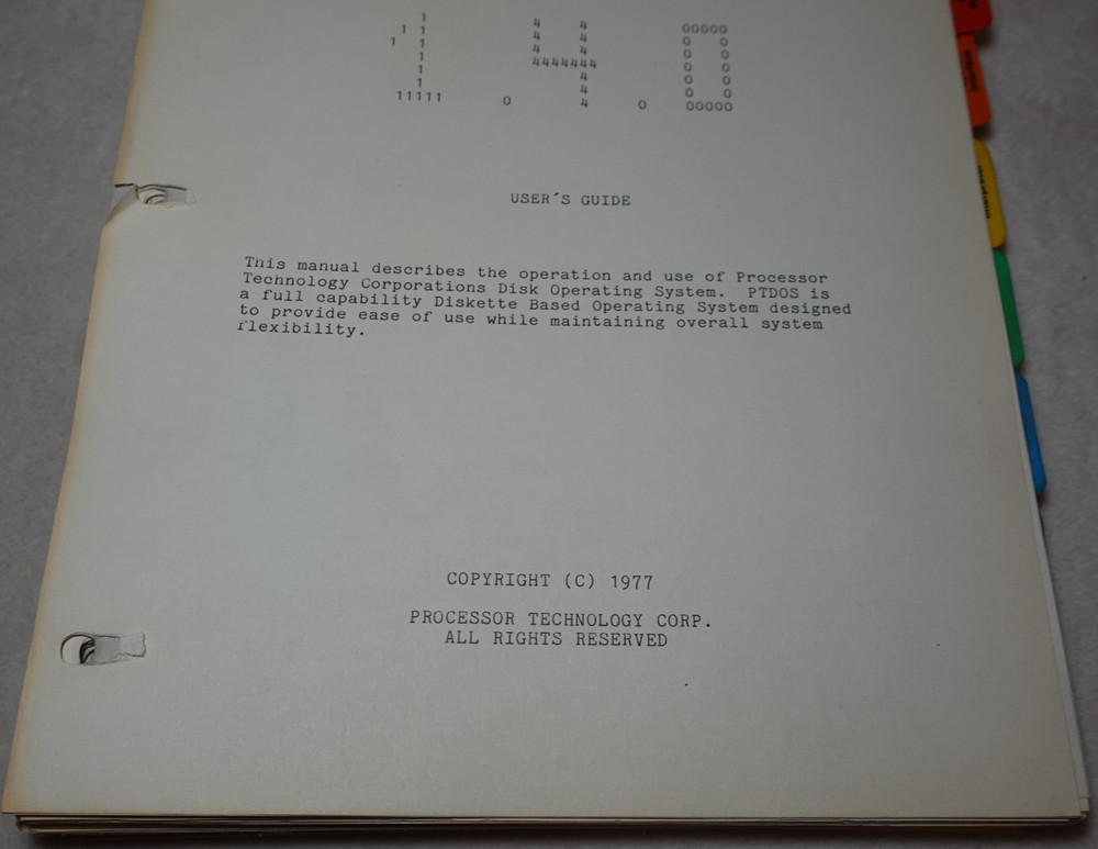 PTDOS 1.4 Processor Technology Disk Operating System 1977 Original User's Guide