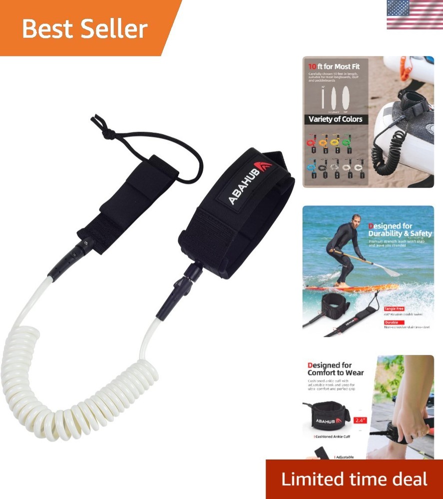 Safe & Stylish 10ft Coiled Paddle Board Leash - Durable with Hidden Key Pocket