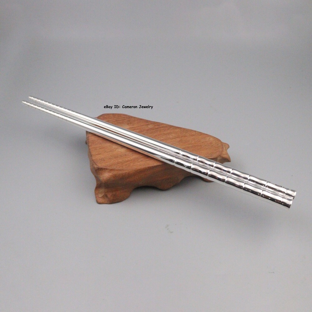 Solid S999 Fine Silver 999 Home Tableware Bamboo Spiral Handle Chopsticks 8.3in