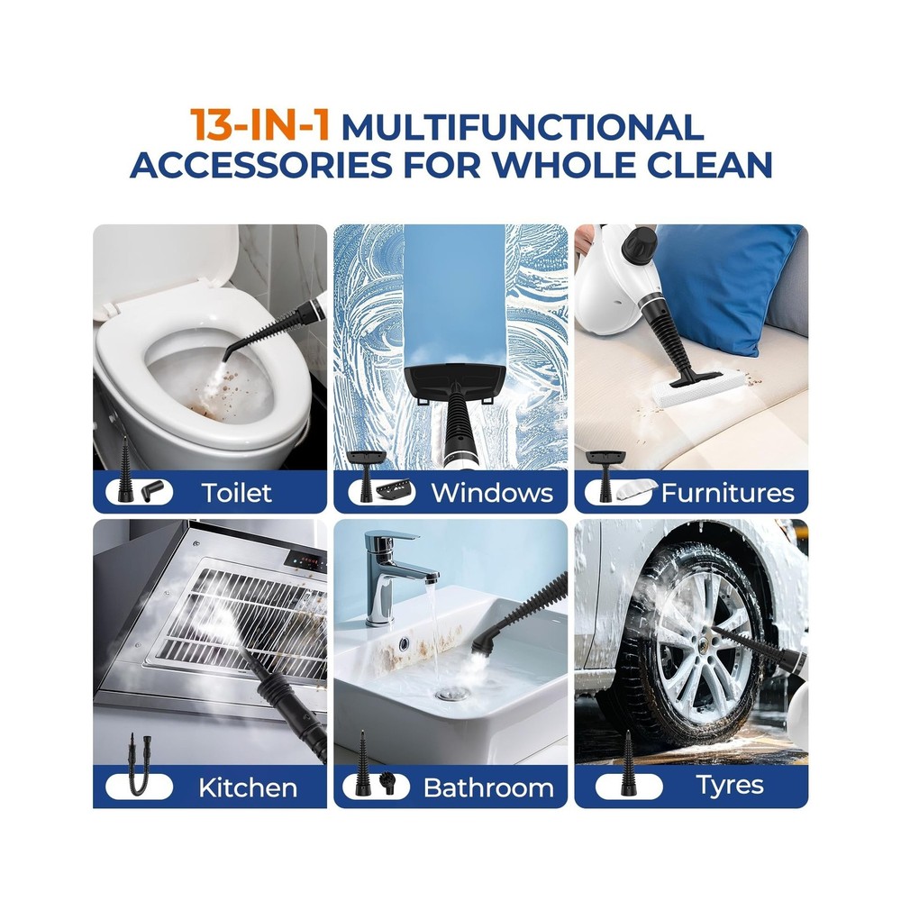 Steam Cleaner, Pressurized Handheld 13pcs Multi-Purpose Natural Deep Cleaning...