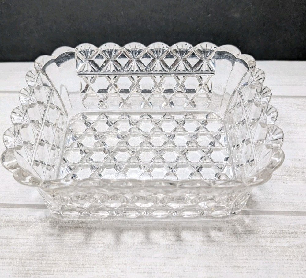 Vintage EAPG Clear Glass Honeycomb Hexagon Fan Rectangular Fruit Candy Bowl