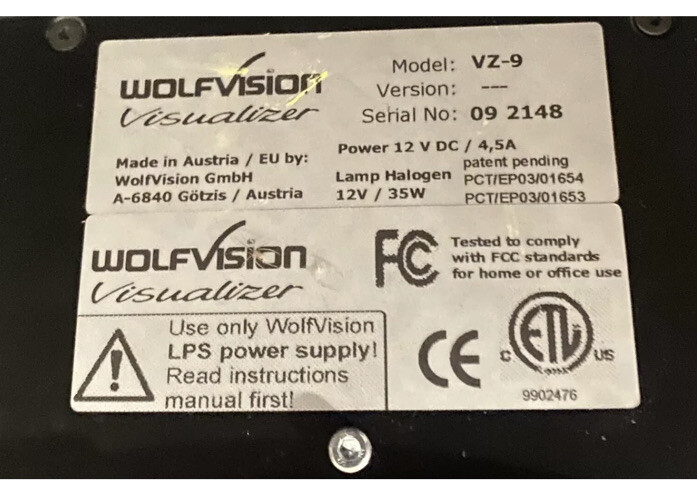 WolfVision VZ-9 Projector Portable Document Camera With Working Lamp