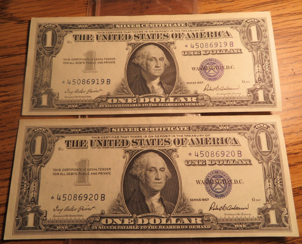 Two (2) 1957 Silver Certificate Dollar Star Notes Consecutive #'s Crisp