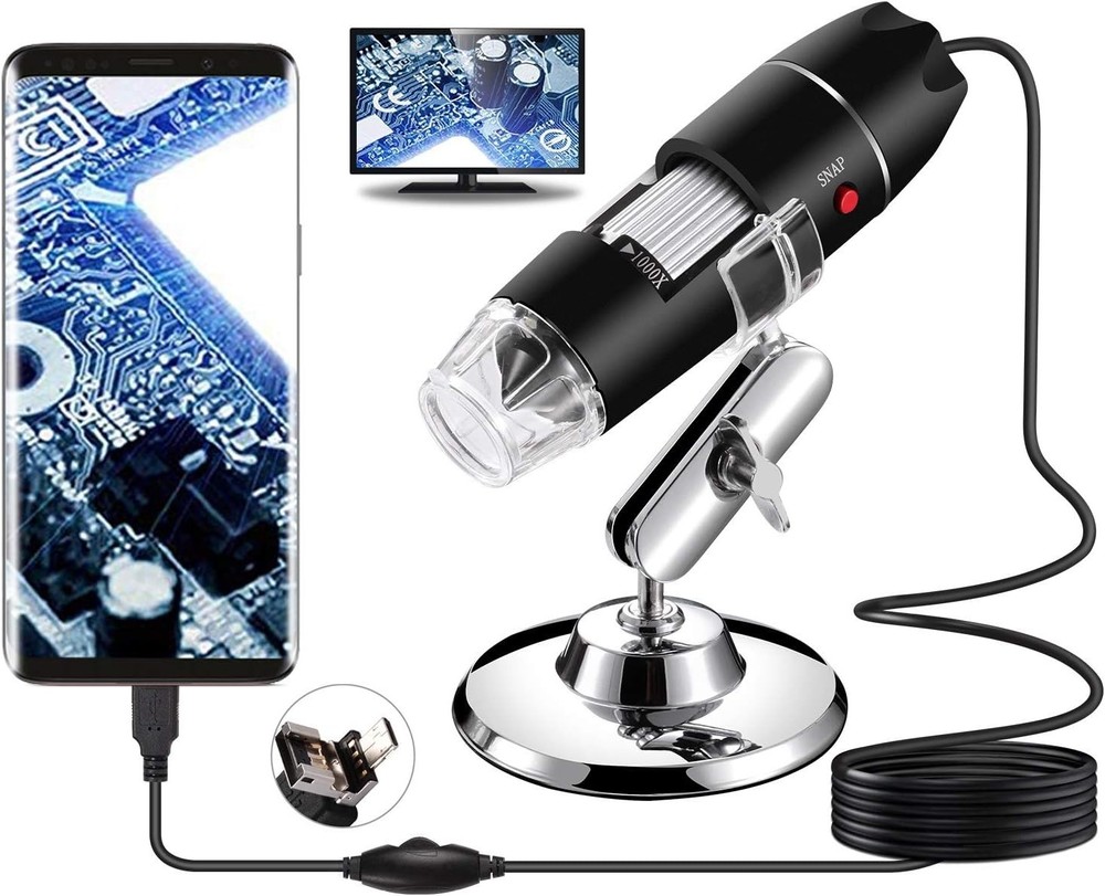 Compact USB Microscope 1.2"x1.2" for 40-1000X Magnification with Adjustable LED