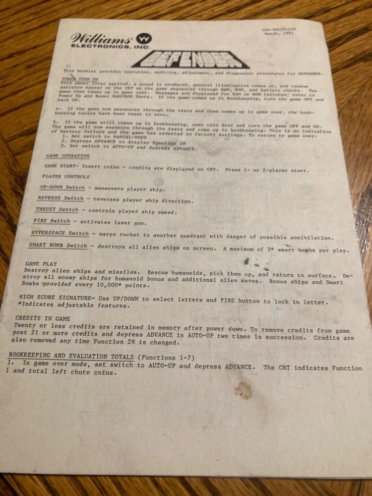 Defender Pinball Operator Handbook