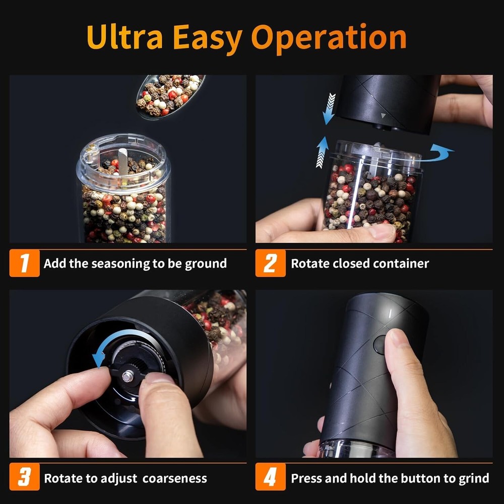Versatile Electric Salt and Pepper Grinders with Adjustable Coarseness & Light