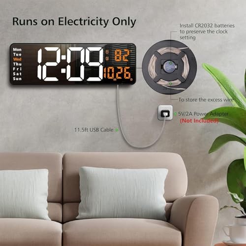 16" Large Digital Wall Clock with Remote, Large Display LED Wall Clock White