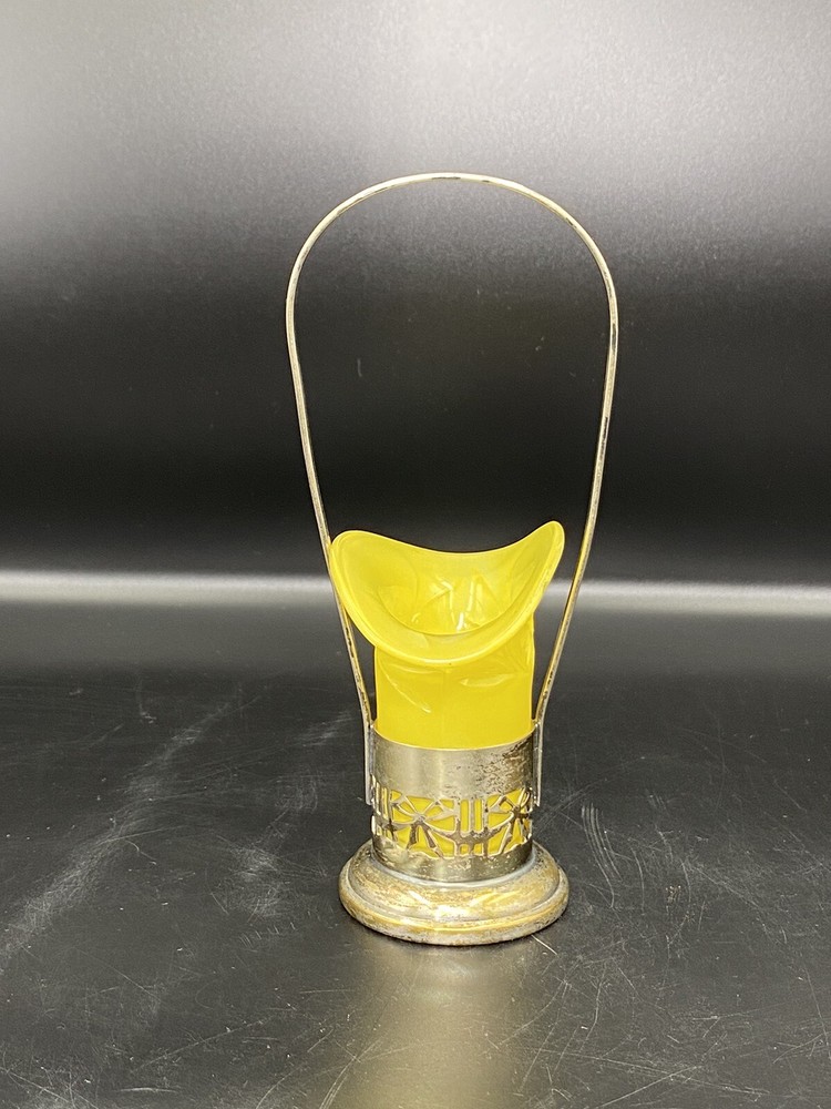 E & JB VICTORIAN SILVER PLATE TOOTHPICK HOLDER WITH YELLOW GLASS INSERT