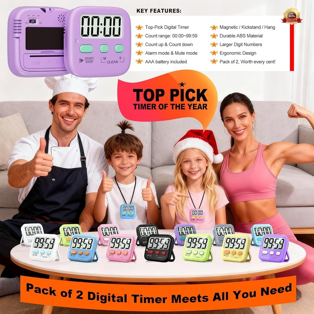 2 Pack Digital Countdown Timers - Loud & Silent Modes for Kitchen & Classroom