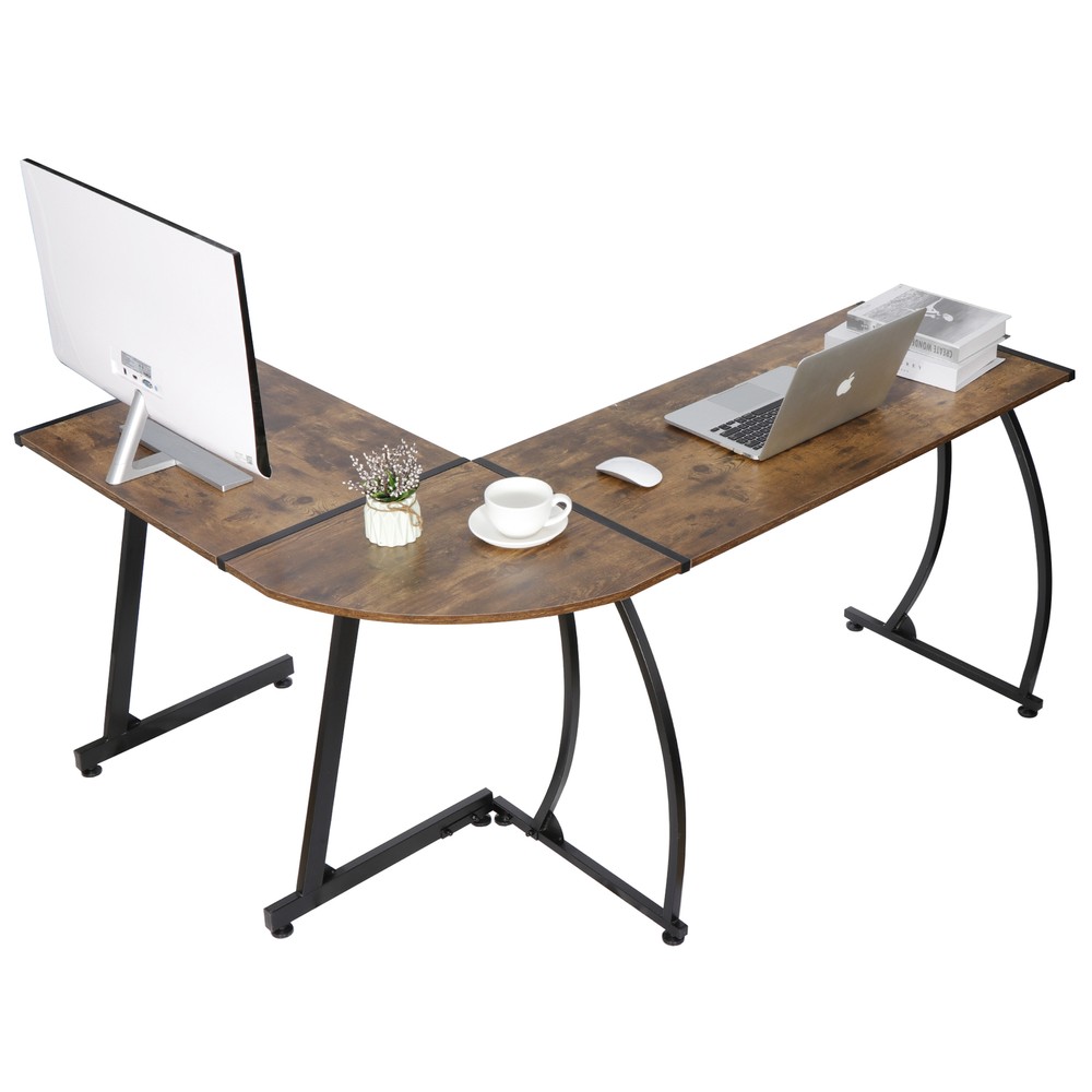 L Shaped Desk Corner Computer Gaming Laptop Table Workstation Brown Home Office