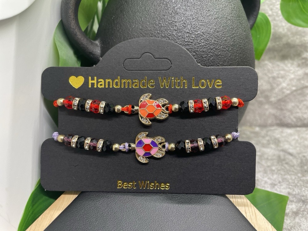 2 PC Handmade Beaded  Boho Adjustable Tie Charm Bracelet Set Turtle B3994